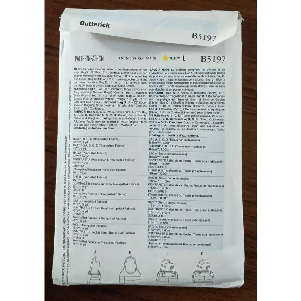 UNCUT Butterick Pattern 5197 Bags Variety
